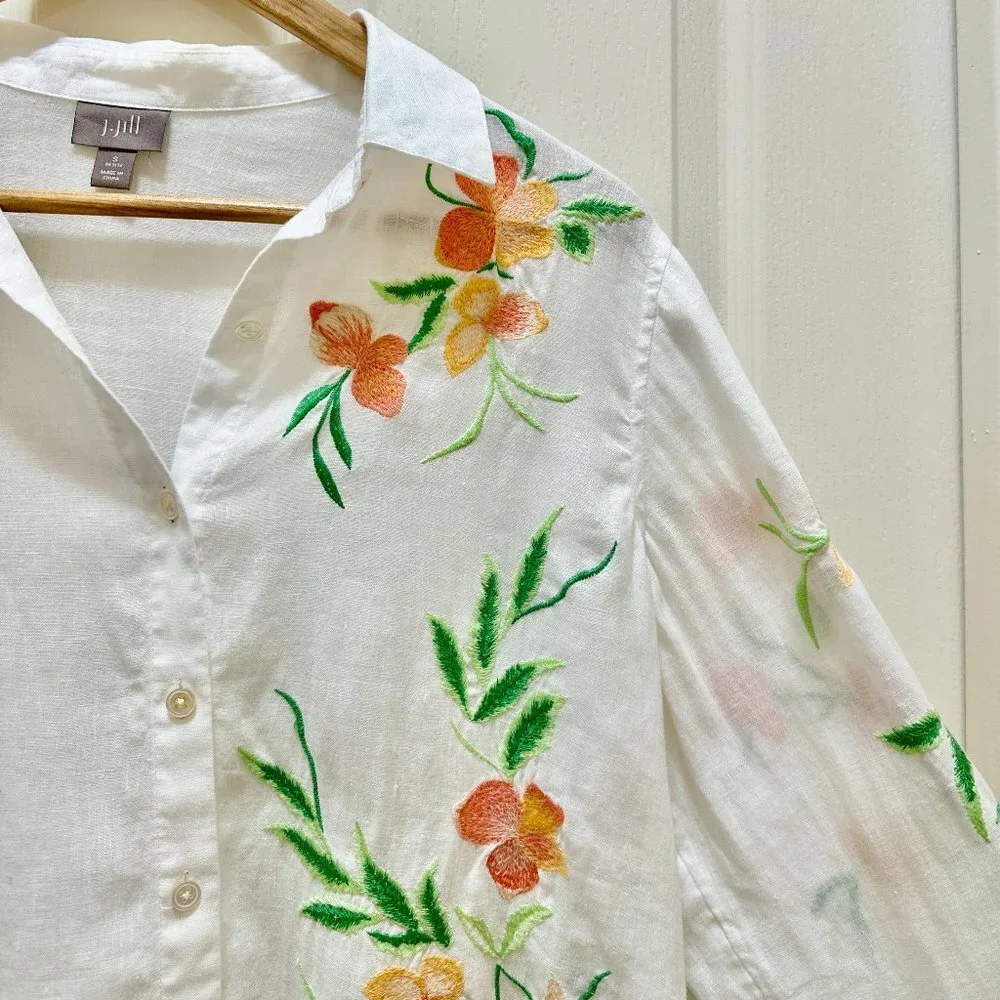 J.Jill 100% Linen Embroidery Shirt Blouse Women's Size S White Floral Button Up - Picture 6 of 16